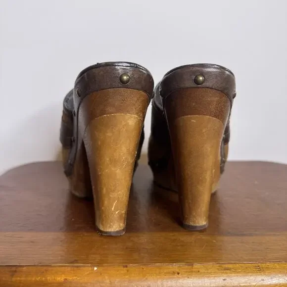 Vintage Y2K Ralph Lauren Brown Suede Studded Clogs Mules Wooden Block Heels 7 M - Picture 4 of 8